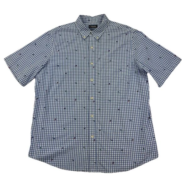 Chaps Shirt Men XXL Blue Gingham Check Short Sleeve Fly Fishing Print Easy Care - Picture 2 of 11
